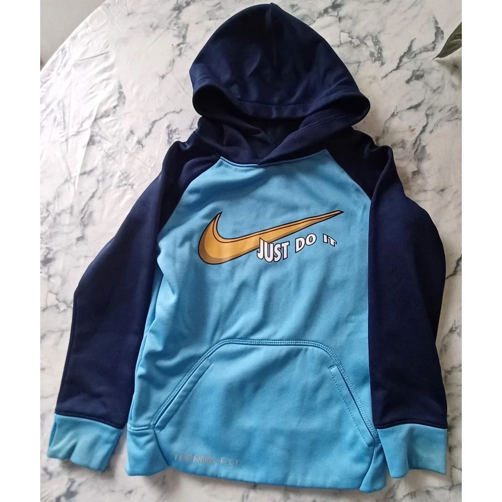 Nike Hoodie Youth 4 Blue Therma-FIT Just Do It Raglan Pullover Sweatshirt Sporty